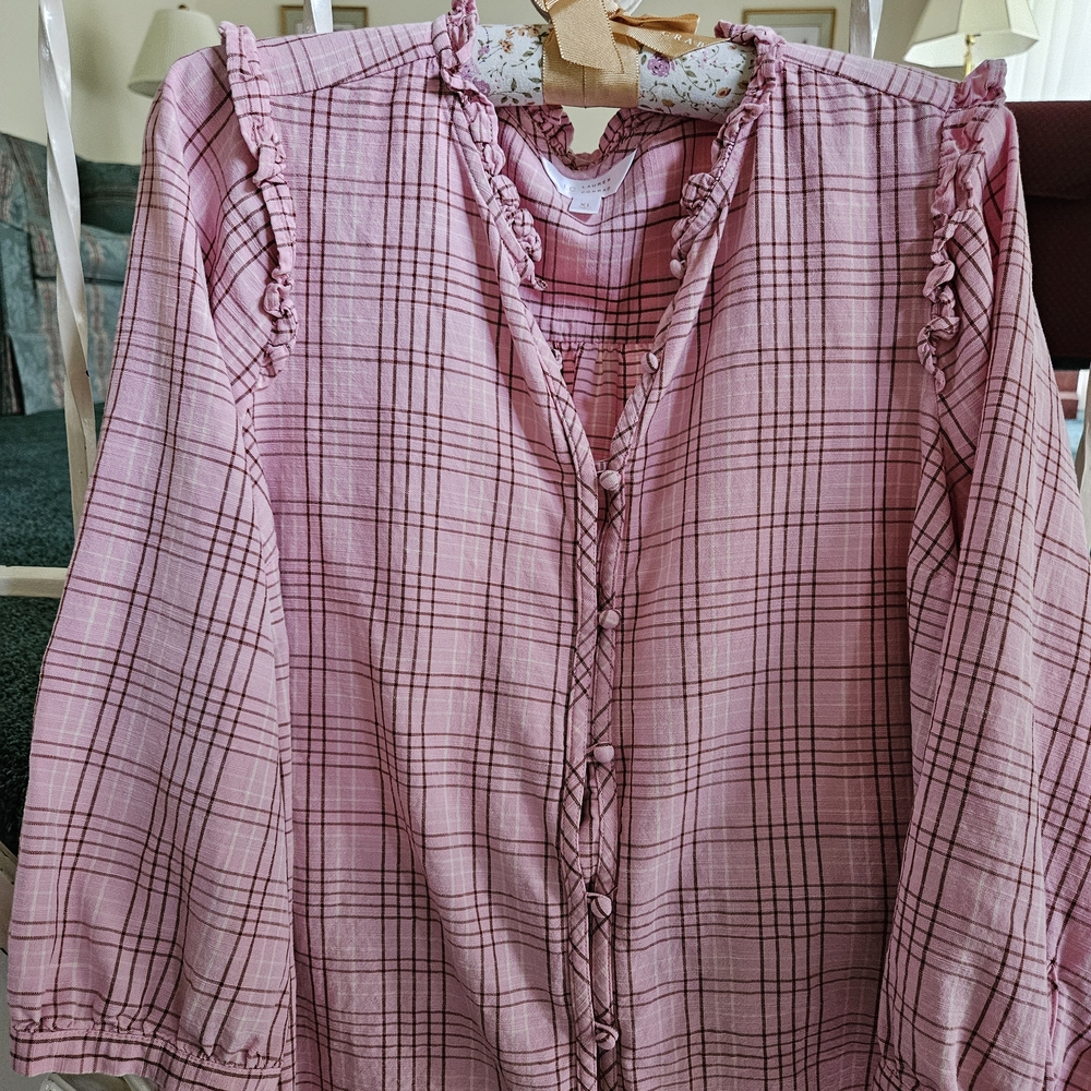 LC Lauren Conrad Ruffled Pink Checkered Blouse